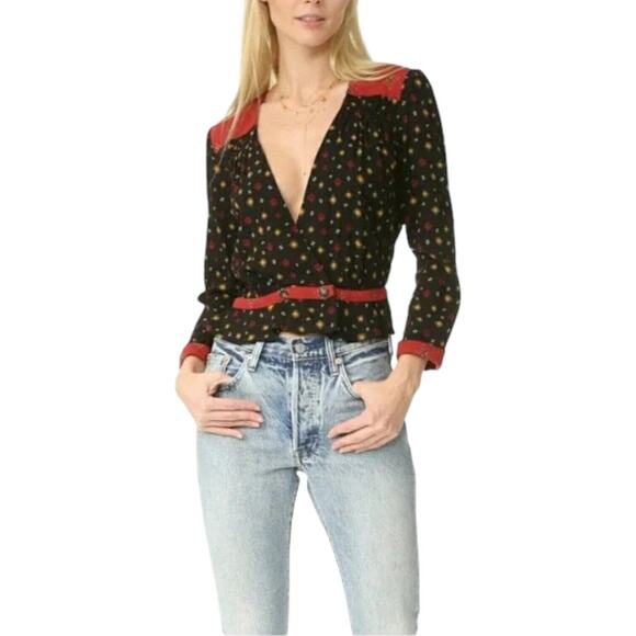 FREE PEOPLE Where We Roam Top Surplice Neck Pleated Boho Fall Black Red Small - Picture 13 of 13